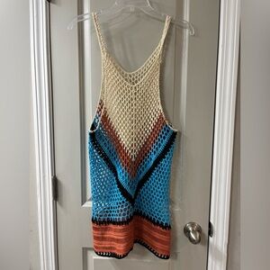 Crochet Mini Dress in Cream, Blue, and Orange